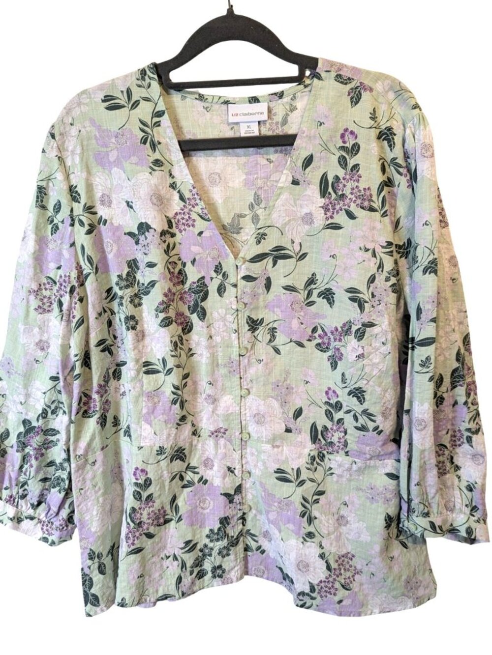 Liz Claiborne sz XL Button Loop Front 3/4 Puffy Sleeve Blouse Top Floral Garden